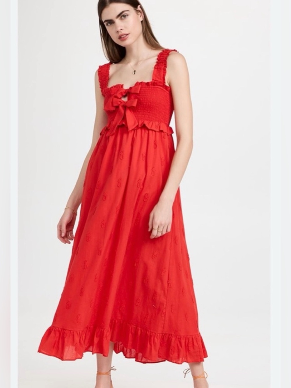 FARM Rio 3D Pineapple Embroidered Red Ruffle Maxi Dress S